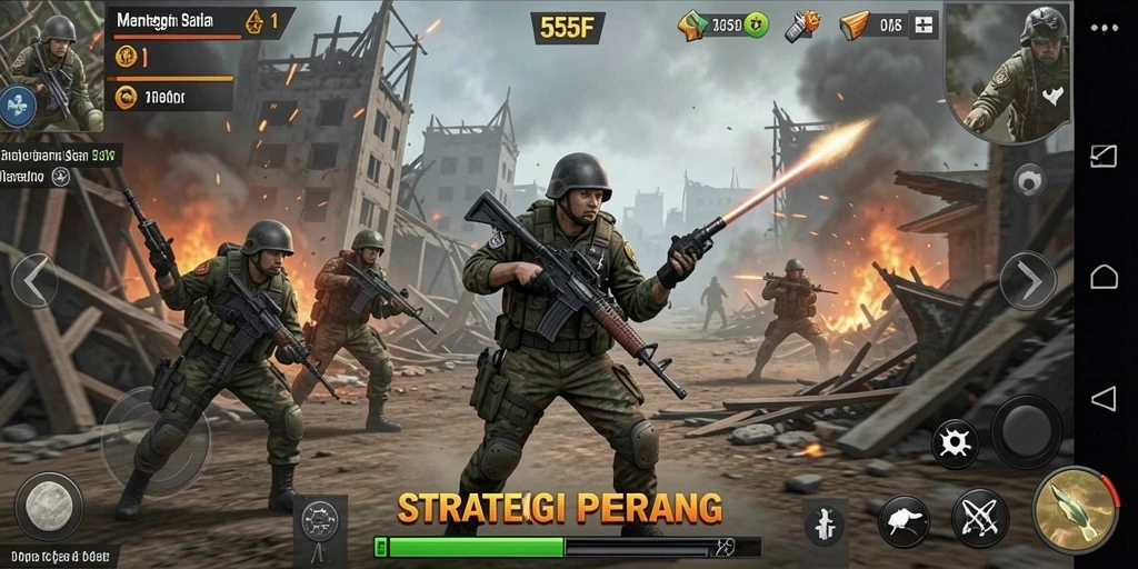 Tangkapan layar gameplay <strong>555F</strong> yang menunjukkan pertempuran seru dan strategi mendalam.
