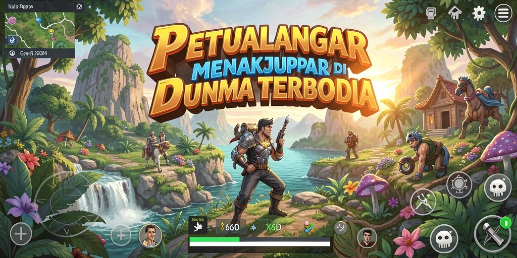 Screenshot 66D menunjukkan pemain menjelajahi dunia yang indah.