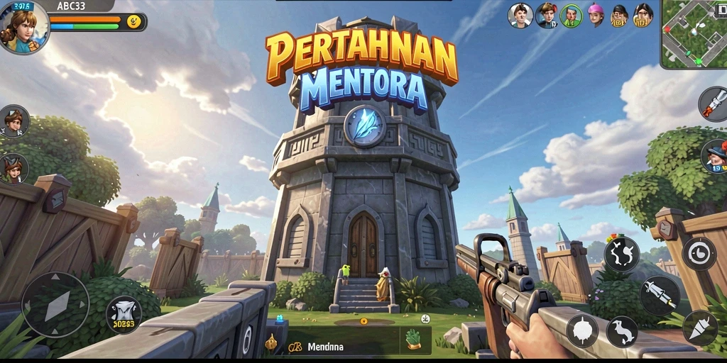 Screenshot gameplay ABC33 dengan menara dan musuh yang menyerang.