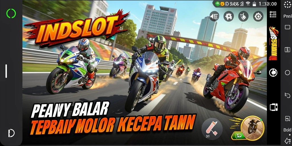 Tampilan gameplay mendebarkan dari INDSLOT saat balapan di trek yang berliku.
