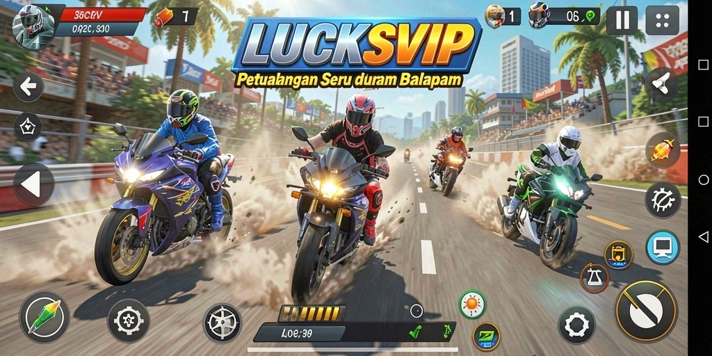 Tampilan balapan seru di LUCKSVIP dengan motor berkecepatan tinggi.