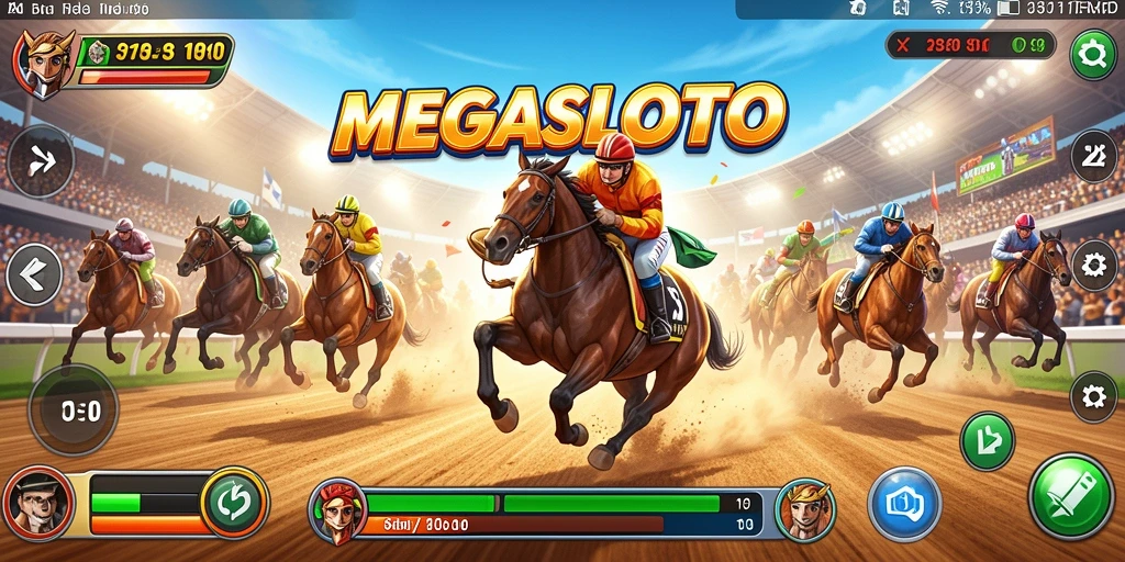 Screenshot gameplay MEGASLOTO menampilkan aksi balap yang intens.