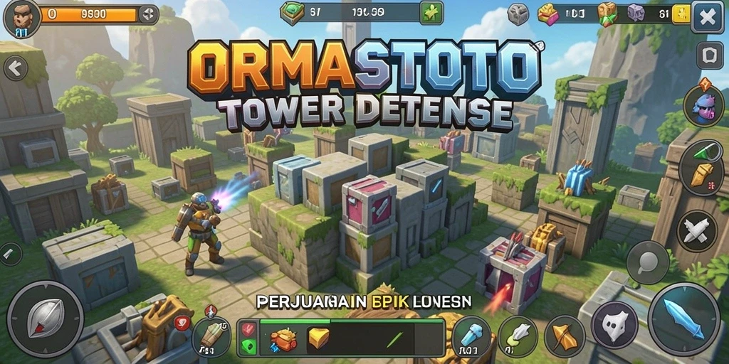 Screenshot gameplay ORMASTOTO menampilkan aksi menara pertahanan yang seru.