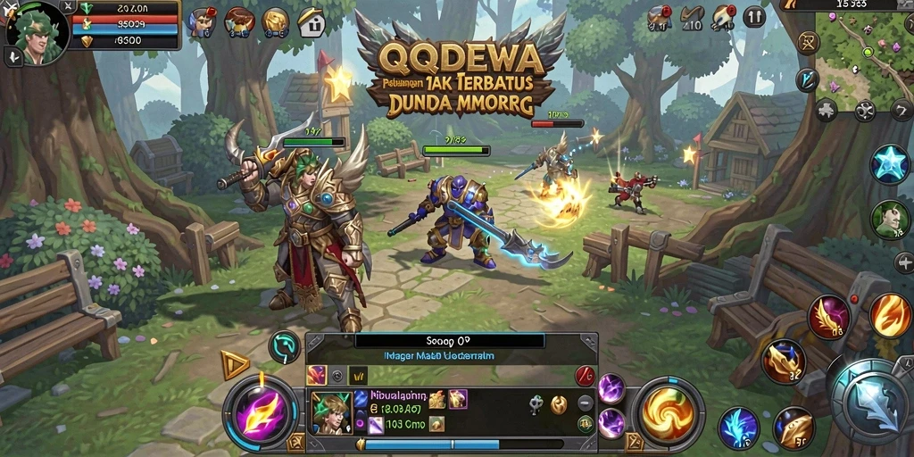 Screenshot gameplay dari QQDEWA yang menunjukkan pertempuran epik dalam MMORPG.