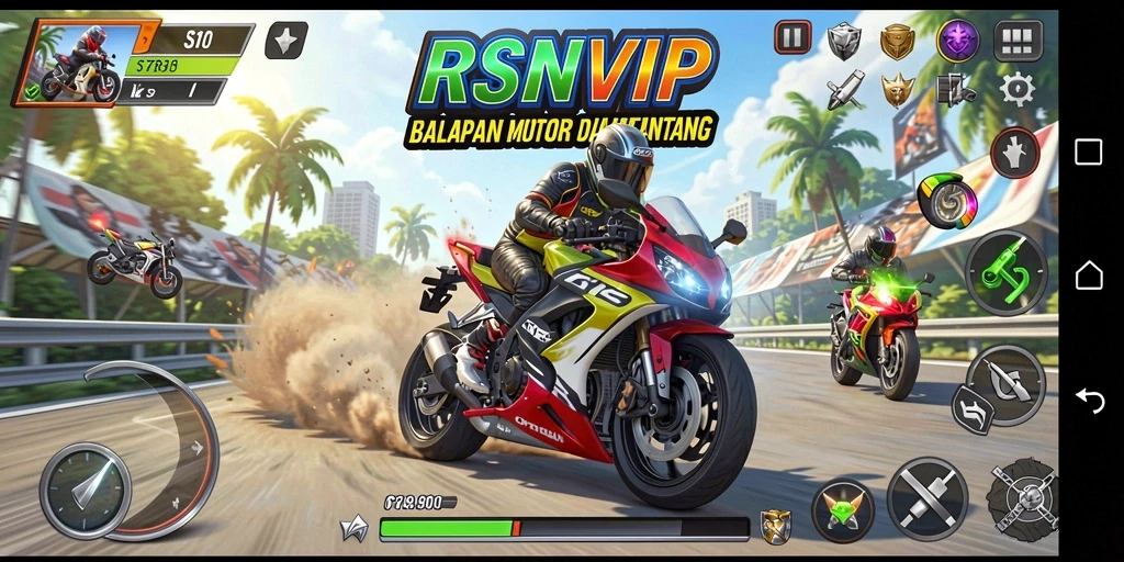 Screenshot gameplay RSNVIP menunjukkan balapan motor yang mendebarkan di trek menantang.