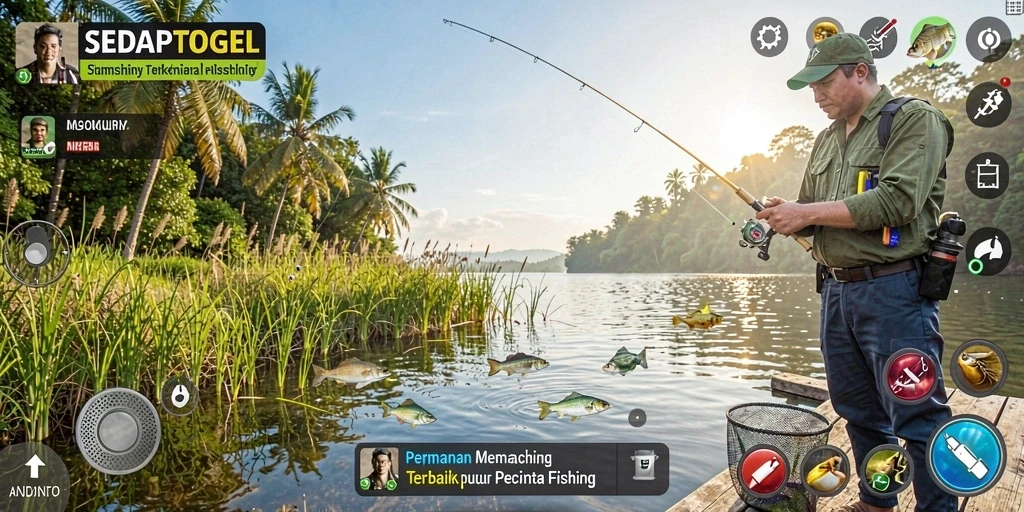Screenshot gameplay SEDAPTOGEL menampilkan aksi memancing yang seru.