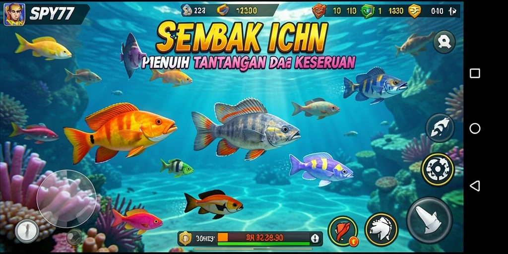 Tampilan screenshot utama SPY77 menampilkan aksi seru menembak ikan.