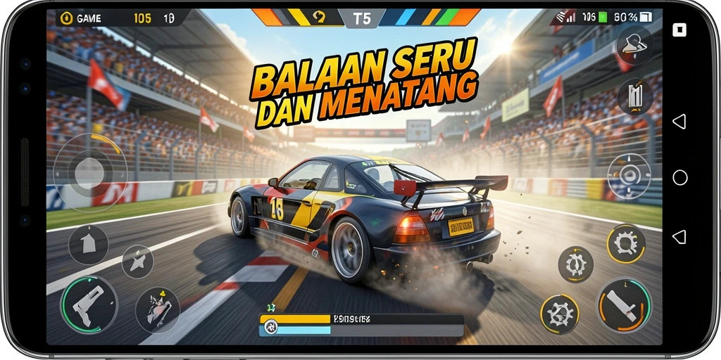 Tangkapan layar gameplay menampilkan aksi balapan seru di T6.