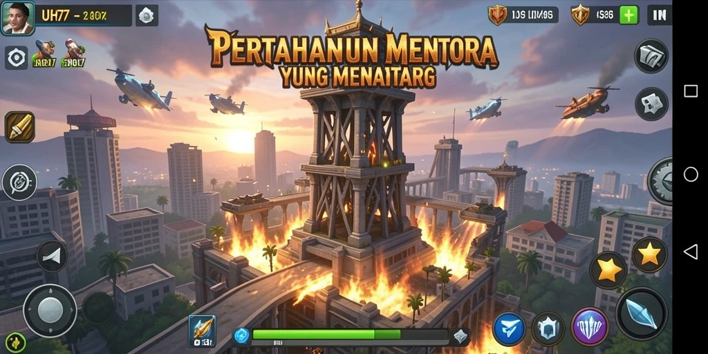 Gameplay seru UH77 dengan menara pertahanan yang strategis.